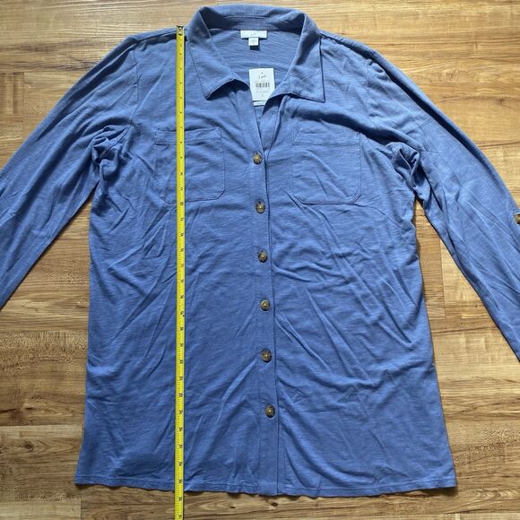 J JILL NWT L Blue Button Up Cotton Modal Tunic Roll Tab Blouse Beachy Lagenlook - Picture 14 of 16